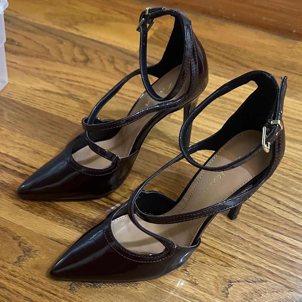 Zara TRF Pointed Toe Double Strap Elegant Burgundy Patent Heels - Picture 2 of 7
